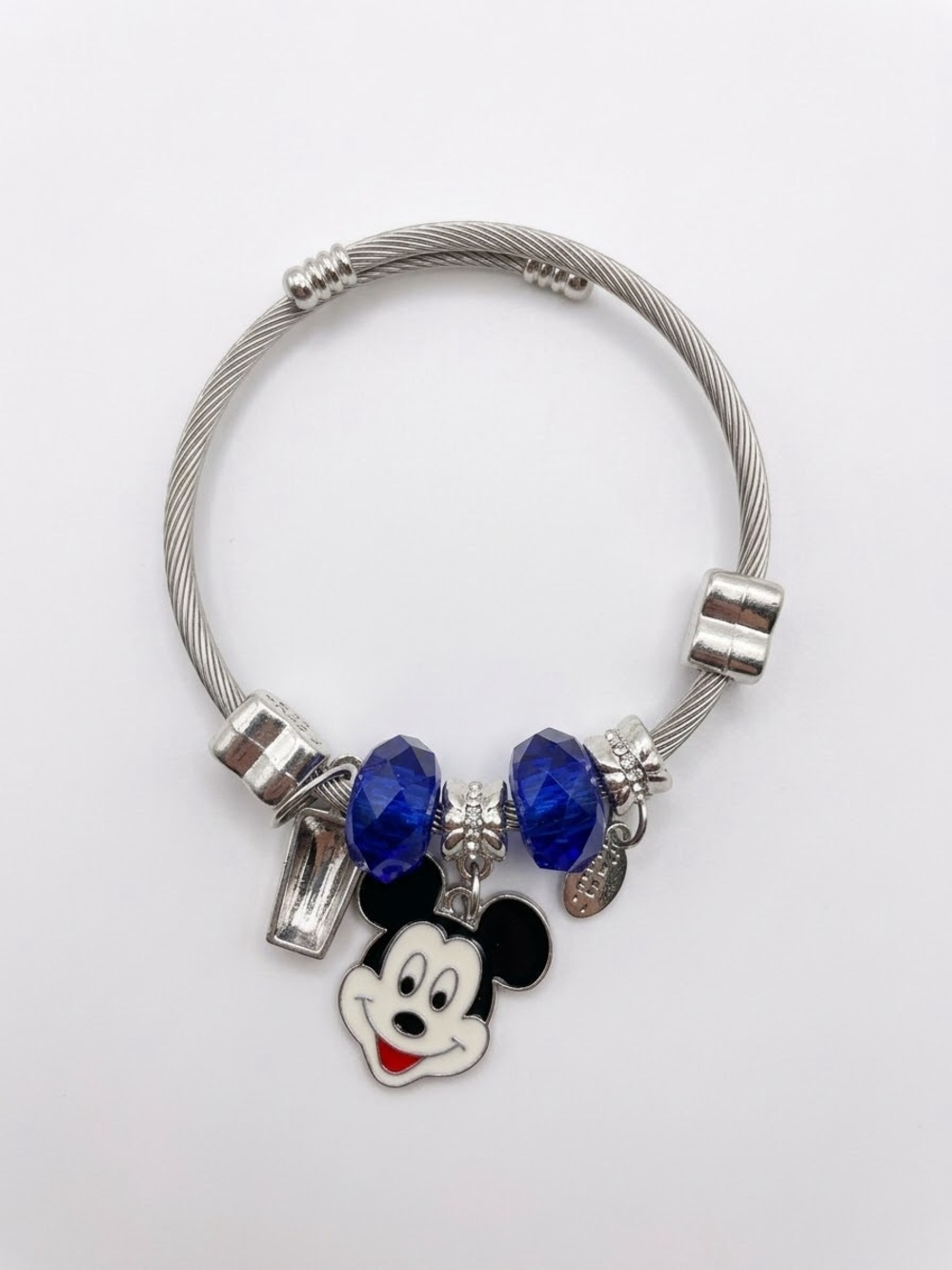 Silver Kids Charm Bracelet with Blue Beads and Cartoon charm